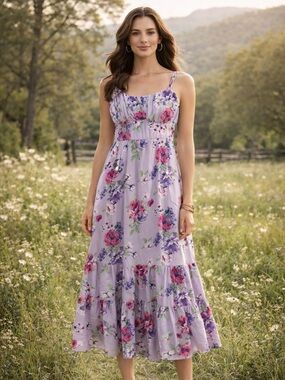 Floral Lilac Tiered Midi Dress Women XL Cottagecore Prairie Wedding Guest Flowy